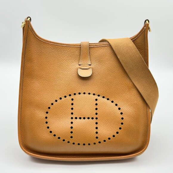 Authentic Hermes Evelyn GM Light Brown Tan Togo Leather Shoulder Bag Tote Purse - Picture 1 of 10
